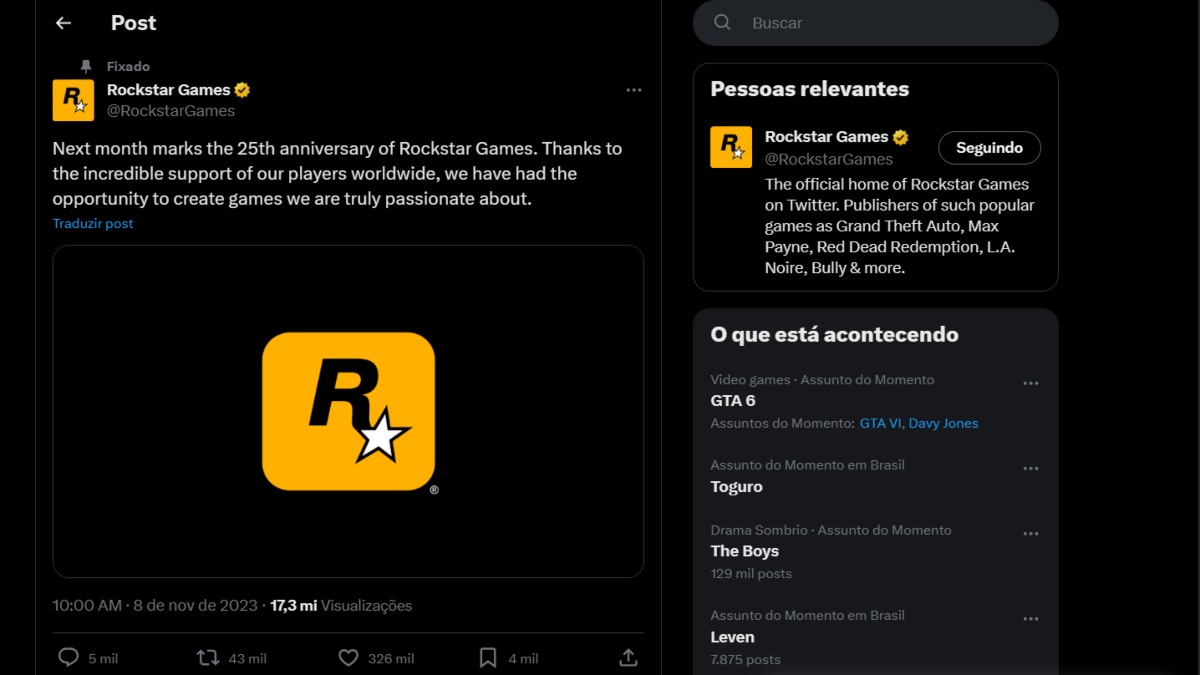 GTA 6: Rockstar Games anuncia data para trailer oficial do novo jogo